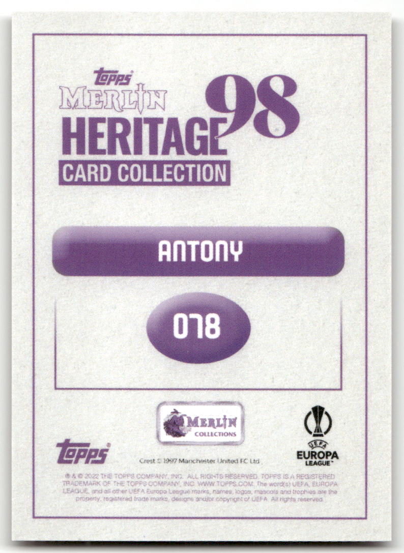 Fußball Antony - 2022-23 Topps Merlin Heritage 98 Card Collection - Manchester United #078 Trading Card Original