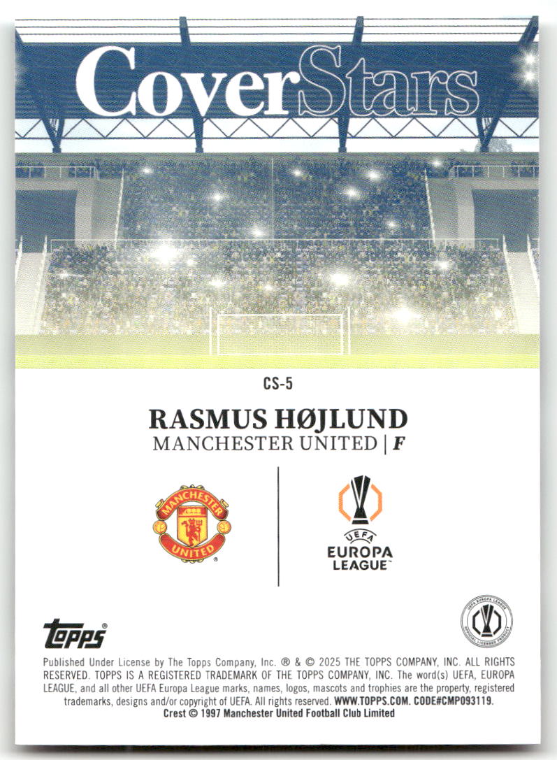 Fußball Rasmus Højlund - 2024-25 Topps UEFA Europa League Cover Stars - Manchester United #CS-5 Trading Card Original