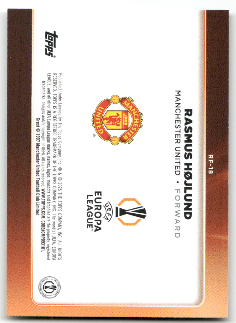 Fußball Rasmus Højlund - 2025 Topps UEFA Europa League Trophy Chasers - Manchester United #RF-18 Trading Card Original