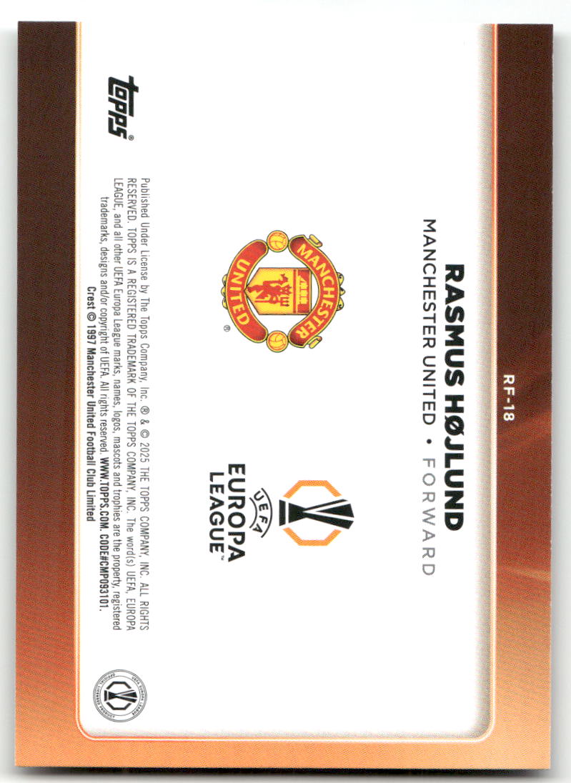 Fußball Rasmus Højlund - 2025 2024-25 Topps UEFA Europa League - Manchester United #RF-18 Trading Card Original