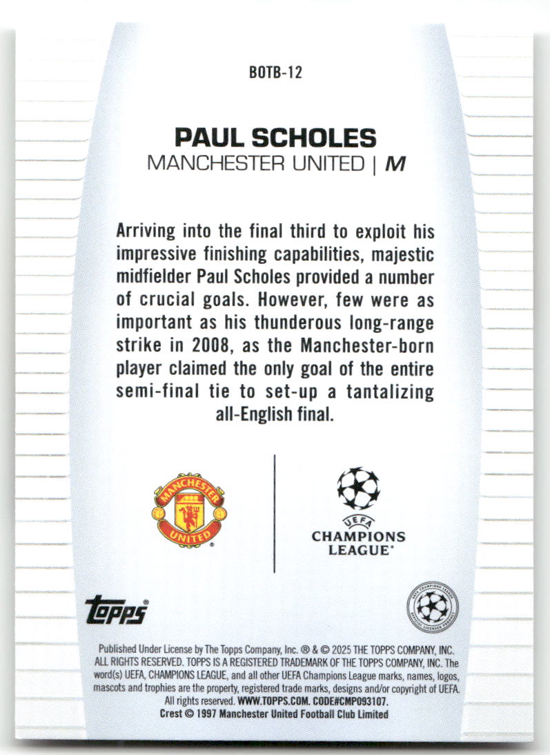 Fußball Paul Scholes - 2025 Topps UEFA CL Best of the Best - Manchester United #BOTB-12 Trading Card Original
