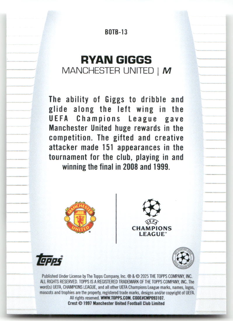 Fußball Ryan Giggs - 2025 Topps UEFA CL Best of the Best - Manchester United #BOTB-13 Trading Card Original