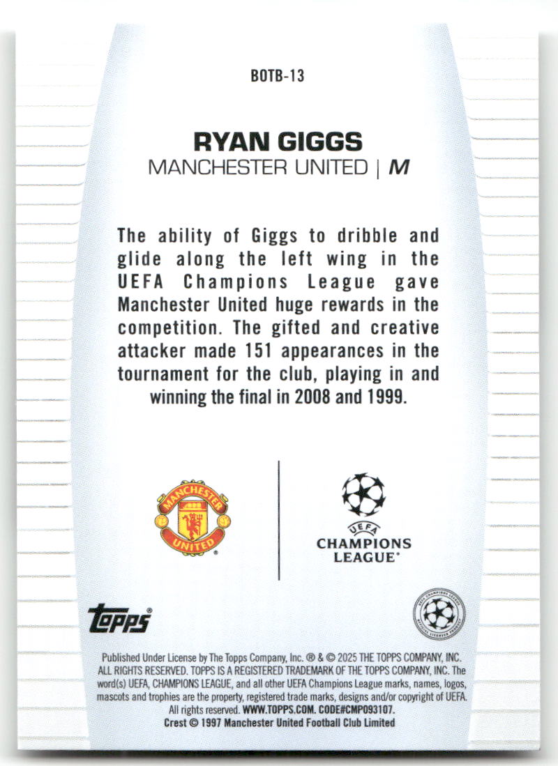 Fußball Ryan Giggs - 2025 Topps UEFA CL Best of the Best - Manchester United #BOTB-13 Trading Card Original