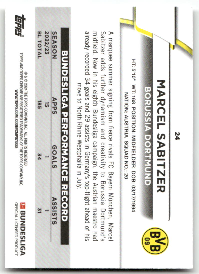 Fußball Marcel Sabitzer - 2023-24 Topps Chrome Bundesliga - Borussia Dortmund #24 Trading Card Original
