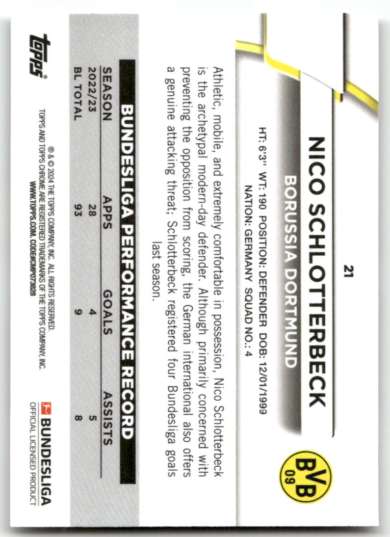 Fußball Nico Schlotterbeck - 2023-24 Topps Chrome Bundesliga - Borussia Dortmund #21 Trading Card Original