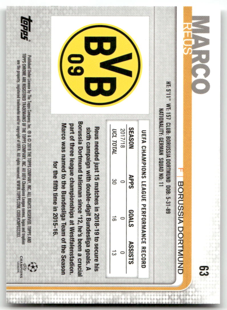 Fußball Marco Reus - 2019-20 Topps Chrome UEFA CL - Borussia Dortmund #63 Trading Card Original