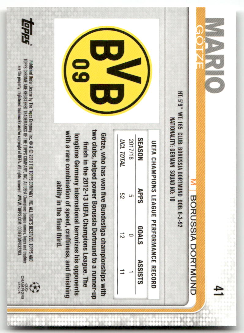Fußball Mario Götze - 2019 Topps Chrome UEFA CL - Borussia Dortmund #41 Trading Card Original