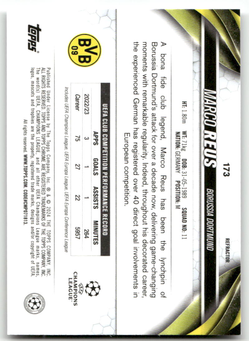 Fußball Marco Reus - 2023-24 Topps Chrome UEFA UCC - Refractor - Borussia Dortmund #173 Trading Card Original