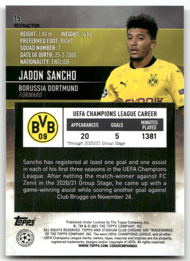 Fußball Jadon Sancho - 2020-21 Topps Stadium Club Chrome UEFA CL - Refractor - Borussia Dortmund #15 Trading Card Original
