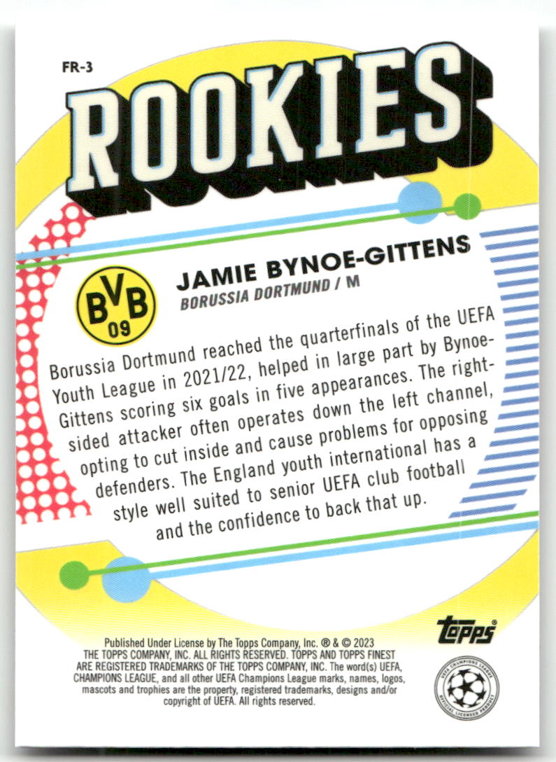 Fußball Jamie Bynoe-Gittens Rookie - 2023 Topps Finest UEFA CL - Borussia Dortmund #FR-3 Trading Card Original