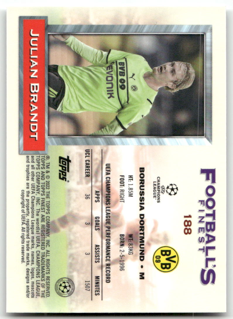 Fußball Julian Brandt - 2022 Topps UEFA CL Football's Finest - Borussia Dortmund #188 Trading Card Original