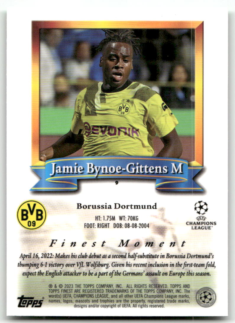 Fußball Jamie Bynoe-Gittens Rookie - 2023 Topps Finest UEFA CL - Borussia Dortmund #9 Trading Card Original
