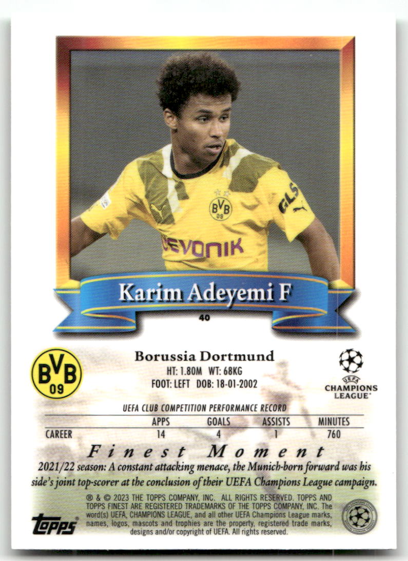 Fußball Karim Adeyemi - 2022-23 Topps Finest UEFA CL - Borussia Dortmund #40 Trading Card Original