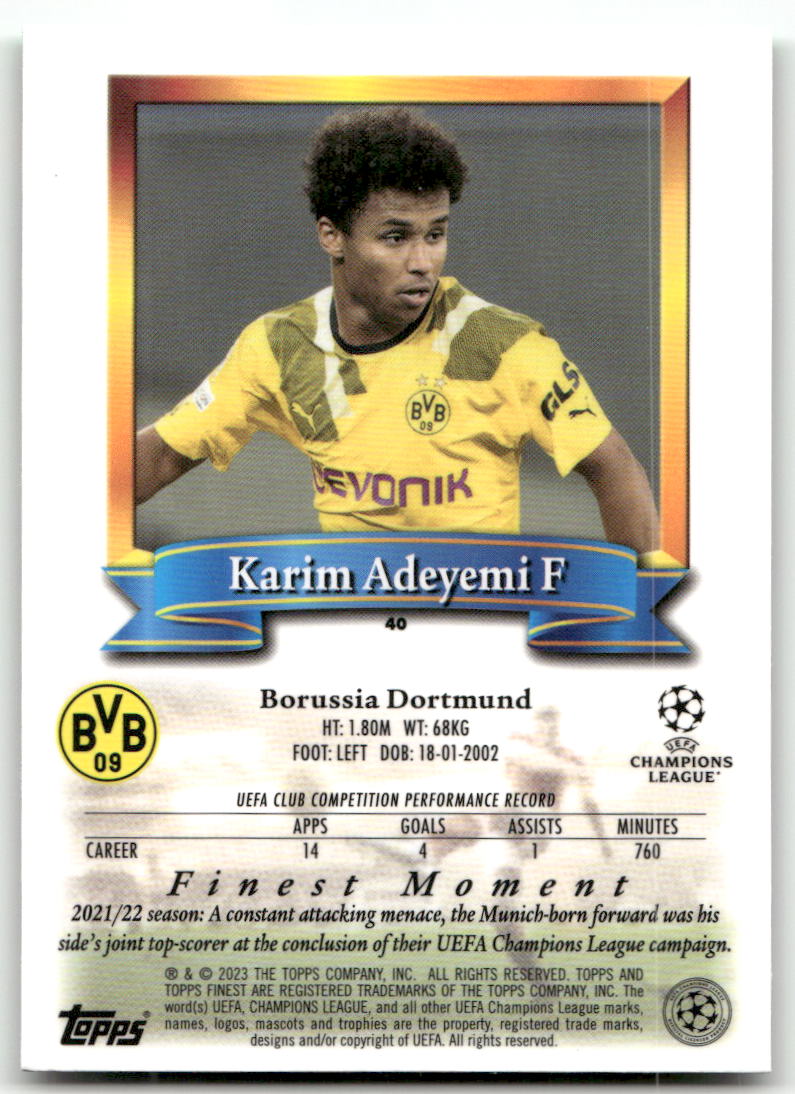 Fußball Karim Adeyemi - 2022-23 Topps Finest UEFA CL - Borussia Dortmund #40 Trading Card Original