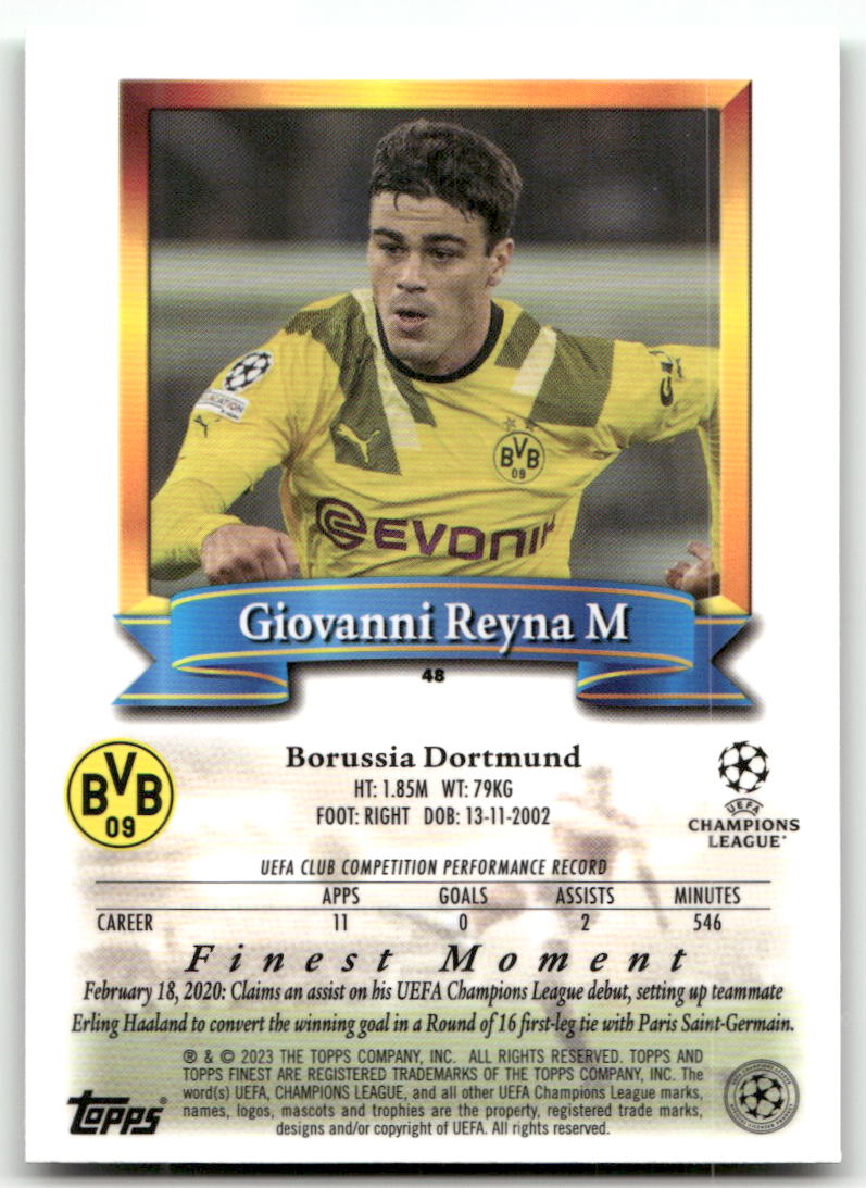 Fußball Giovanni Reyna - 2022-23 Topps Finest UEFA CL - Borussia Dortmund #48 Trading Card Original