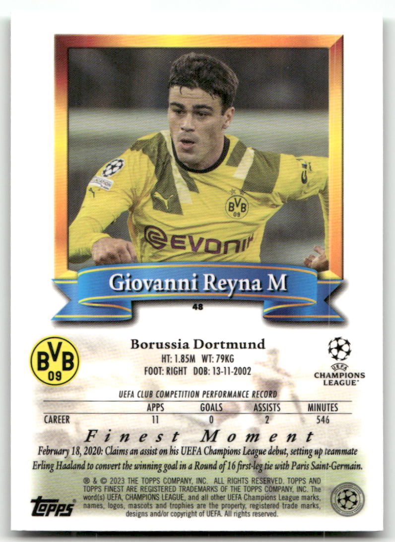 Fußball Giovanni Reyna - 2023 2022-23 Topps Finest UEFA CL - Borussia Dortmund #48 Trading Card Original