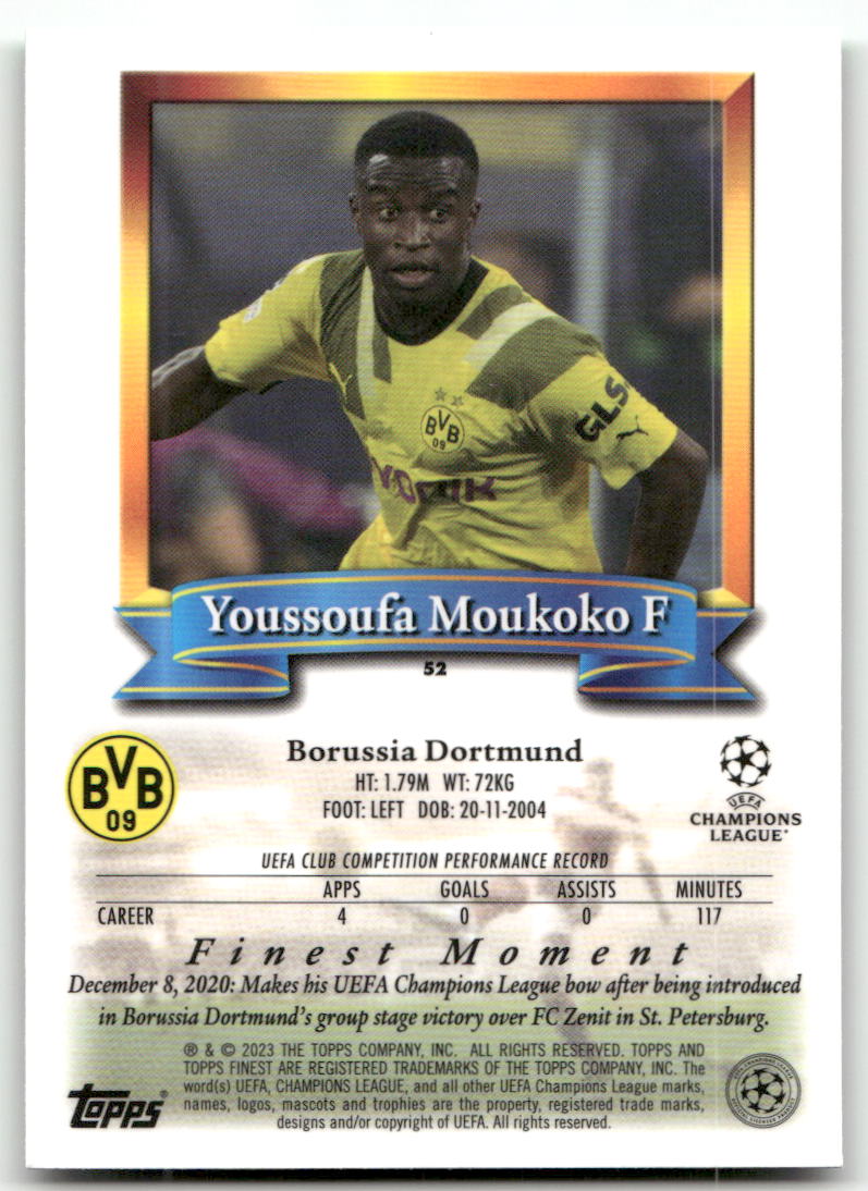 Fußball Youssoufa Moukoko - 2022-23 Topps Finest UEFA CL - Borussia Dortmund #52 Trading Card Original