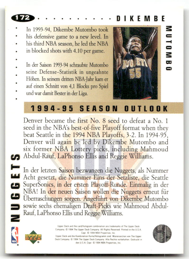 Basketball NBA Dikembe Mutombo - 1994-95 Upper Deck Collector's Choice - Denver Nuggets #172 Trading Card Original