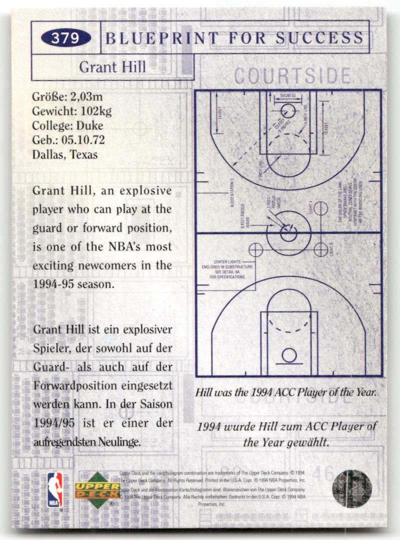 Basketball NBA Grant Hill - 1994-95 Upper Deck Collector's Choice - Detroit Pistons #379 Trading Card Original