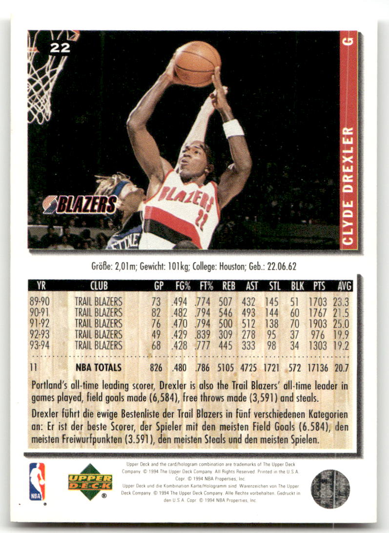 Basketball NBA Clyde Drexler - 1994-95 Upper Deck Collector's Choice - Portland Trail Blazers #22 Trading Card Original