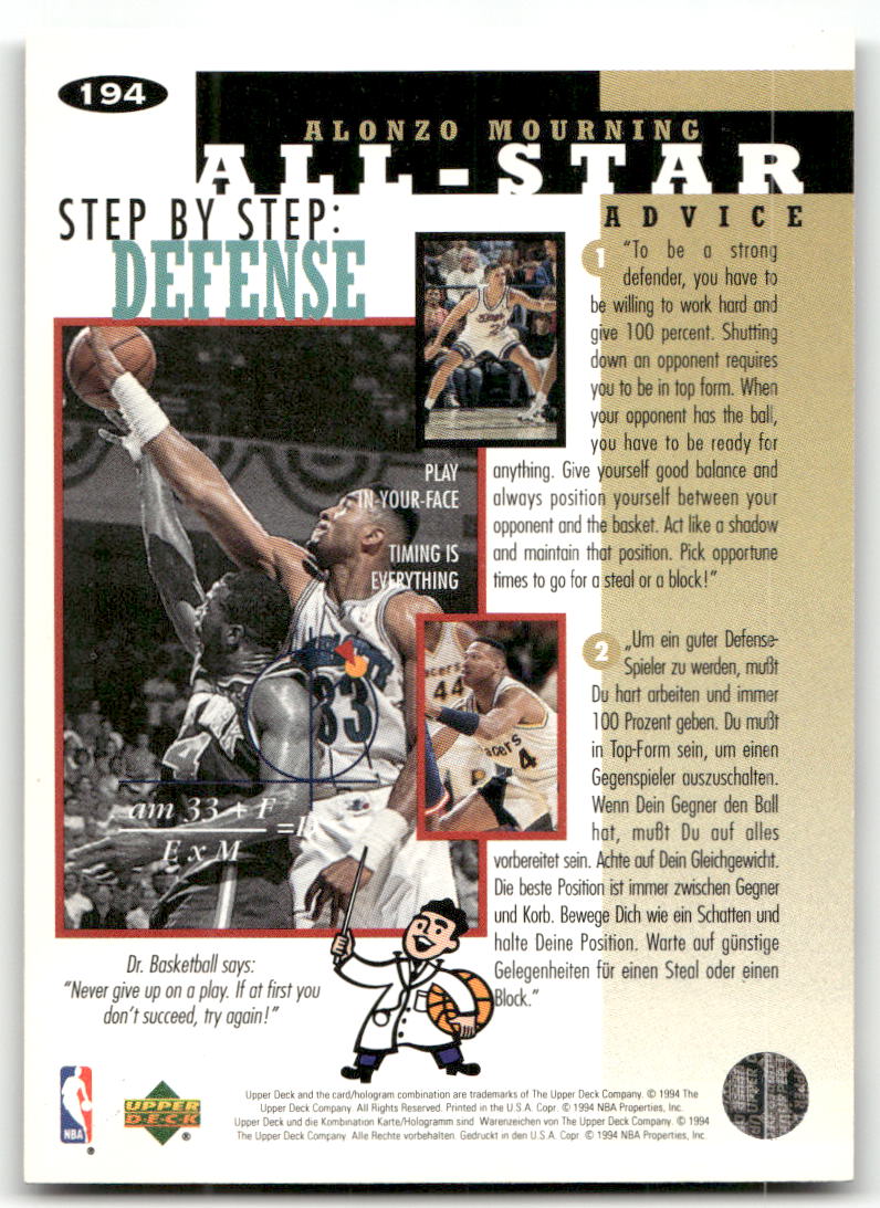 Basketball NBA Alonzo Mourning - 1994-95 Upper Deck Collector's Choice - Charlotte Hornets #194 Trading Card Original