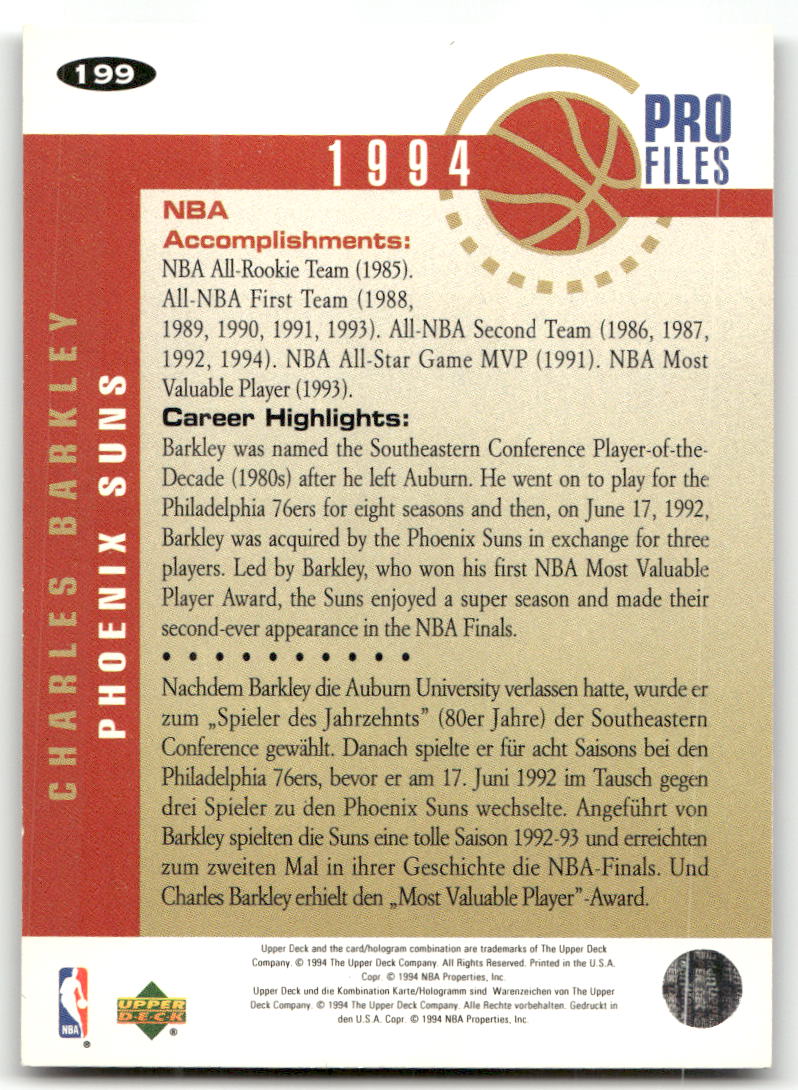 Basketball NBA Charles Barkley - 1994-95 Upper Deck Collector's Choice - Phoenix Suns #199 Trading Card Original