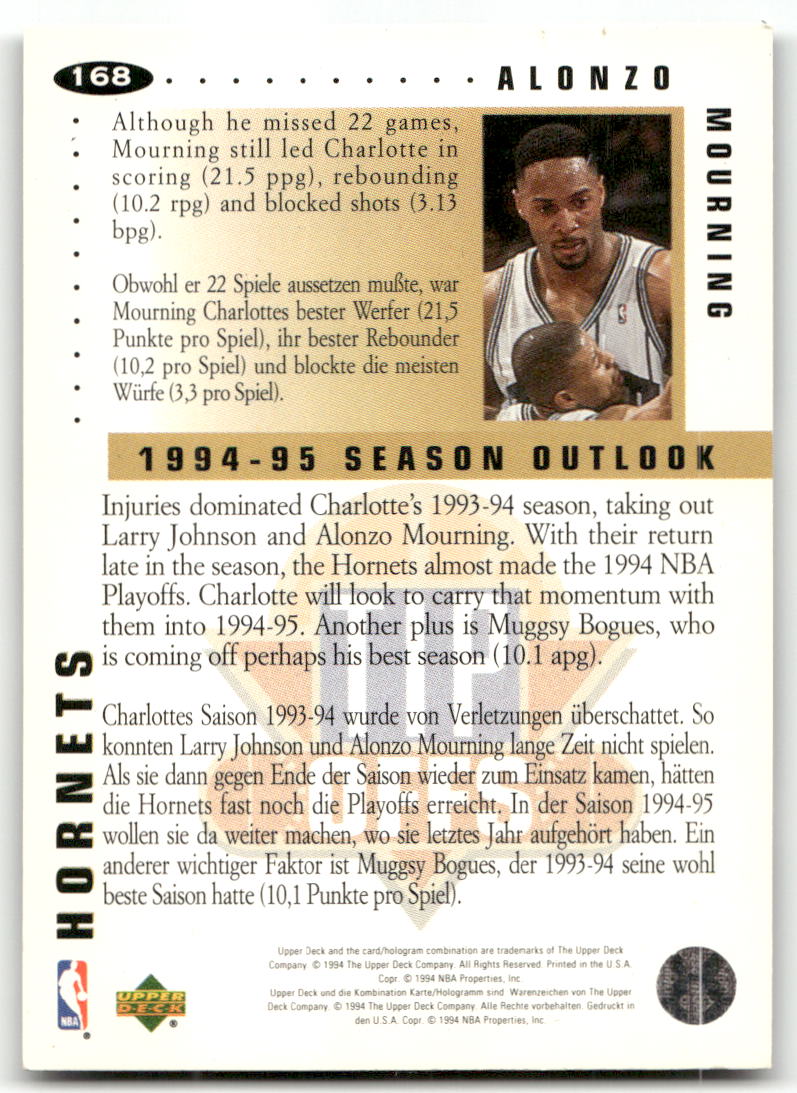 Basketball NBA Alonzo Mourning - 1994-95 Upper Deck Collector's Choice - Charlotte Hornets #168 Trading Card Original