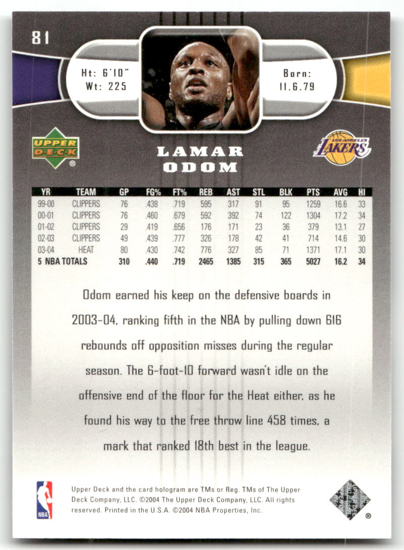 Basketball NBA Lamar Odom - 2004-05 Upper Deck - Los Angeles Lakers #81 Trading Card Original