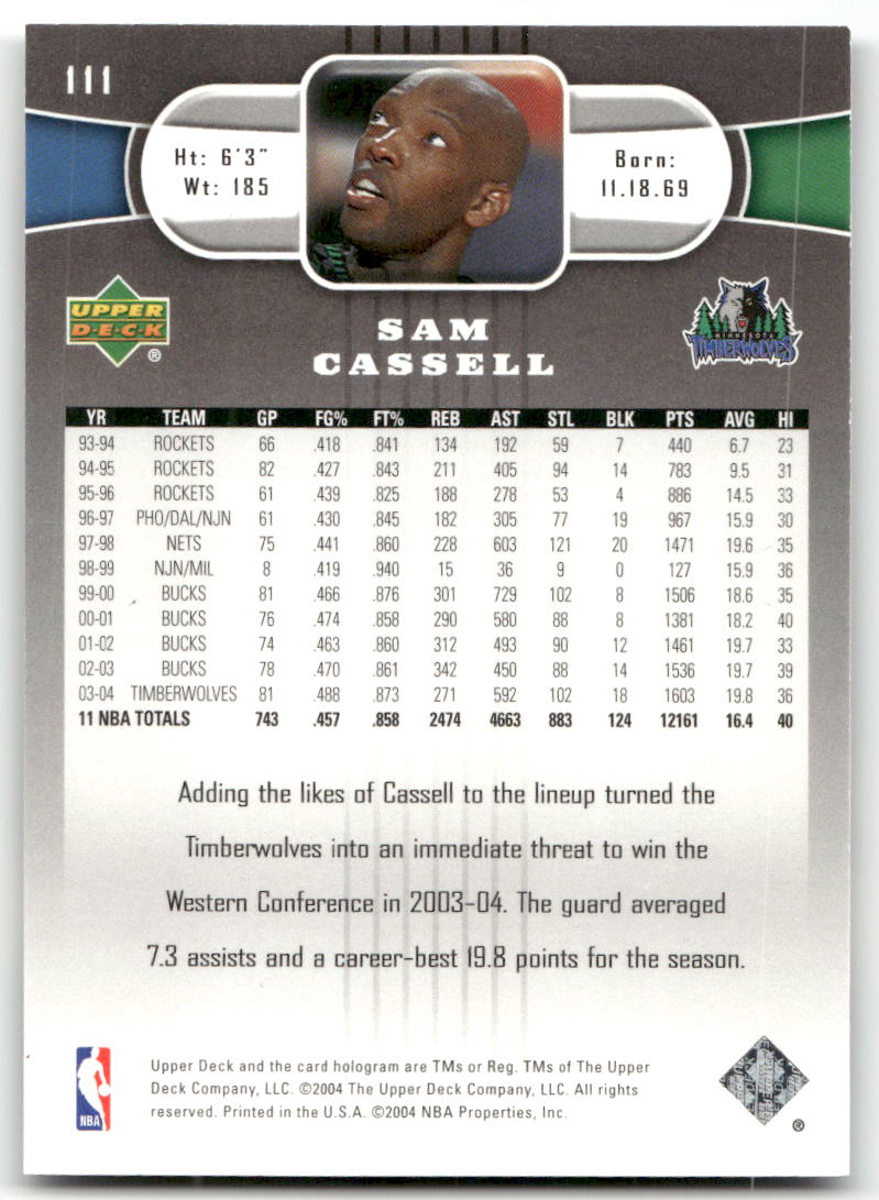 Basketball NBA Sam Cassell - 2004-05 Upper Deck - Minnesota Timberwolves #111 Trading Card Original