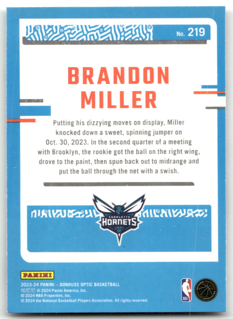 Basketball NBA Brandon Miller Rookie - 2023-24 Panini Donruss Optic Basketball - Charlotte Hornets #219 Trading Card Original