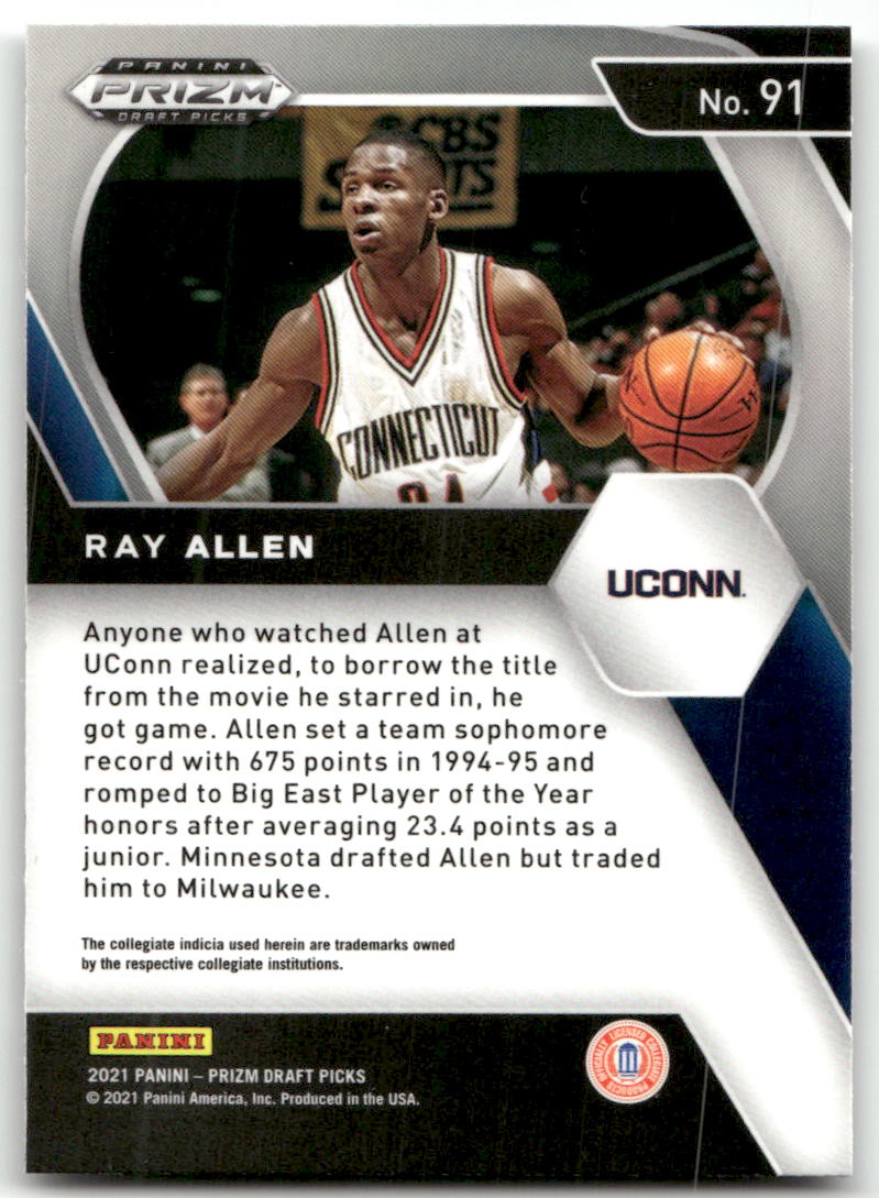Basketball NBA Ray Allen - 2021 Panini Prizm Draft Picks - UConn #91 Trading Card Original