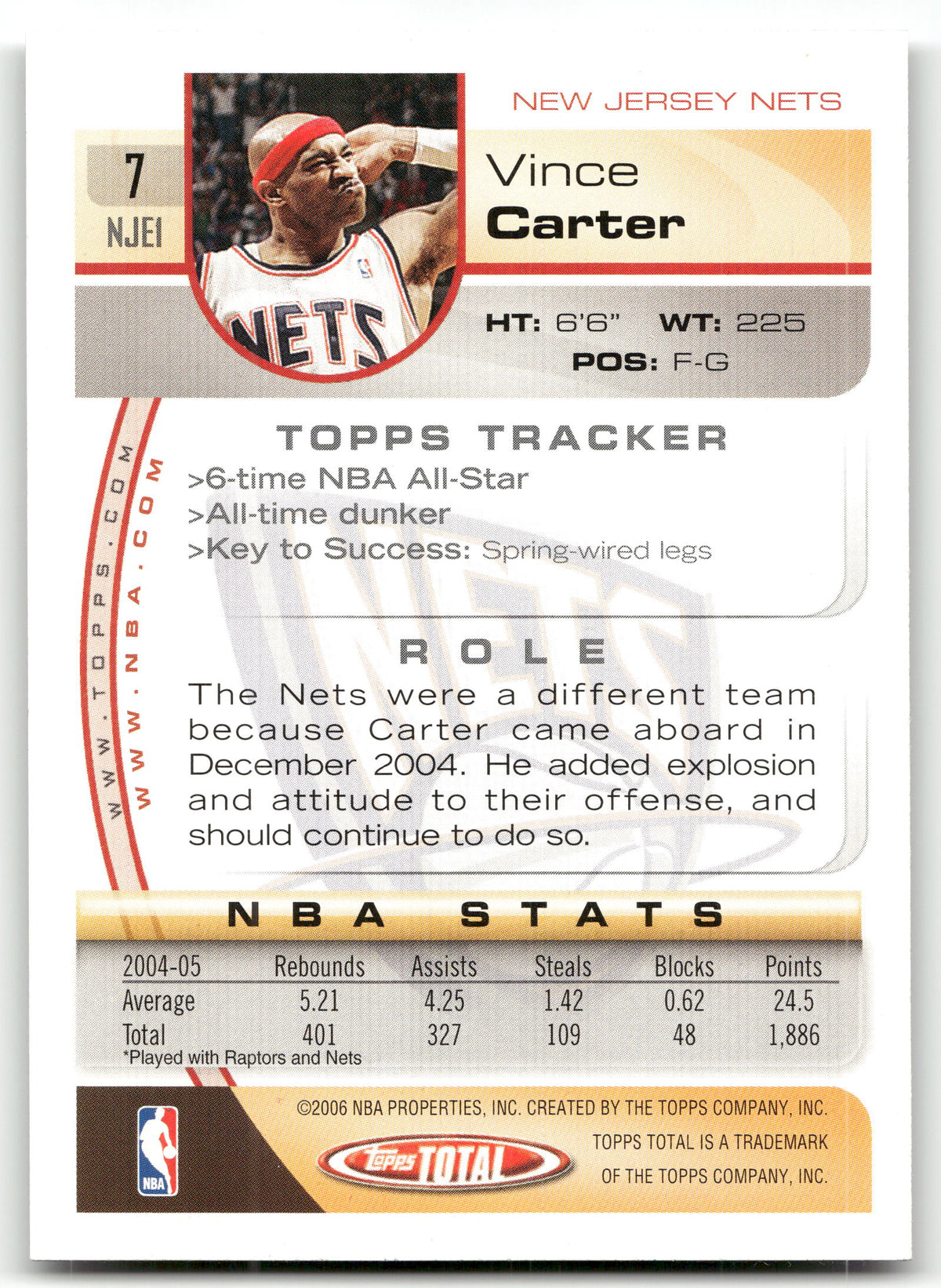 Basketball NBA Vince Carter - 2005-06 Topps Total - New Jersey Nets #7 Trading Card Original