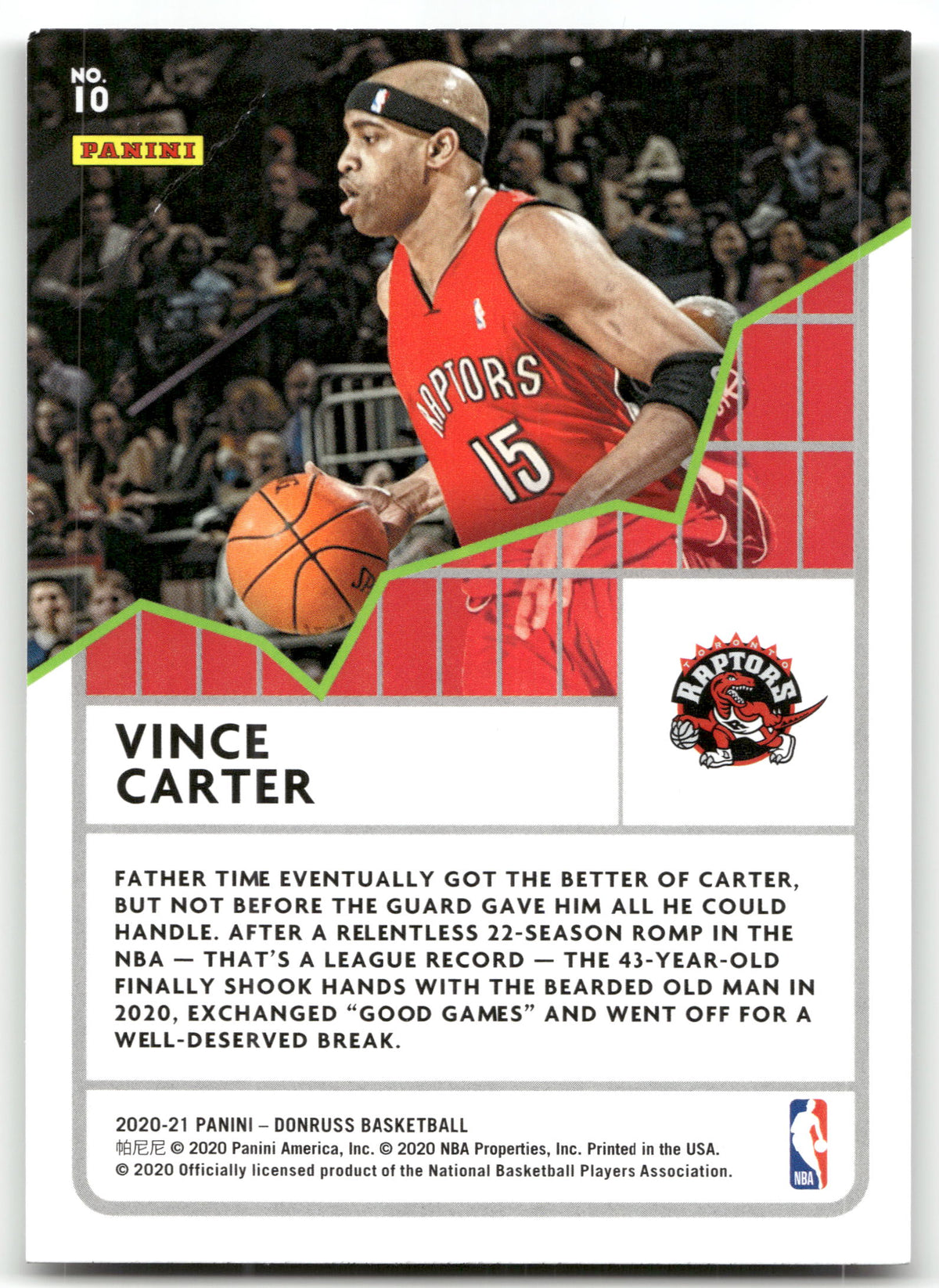 Basketball NBA Vince Carter - 2020-21 Panini Donruss Basketball - Toronto Raptors #10 Trading Card Original