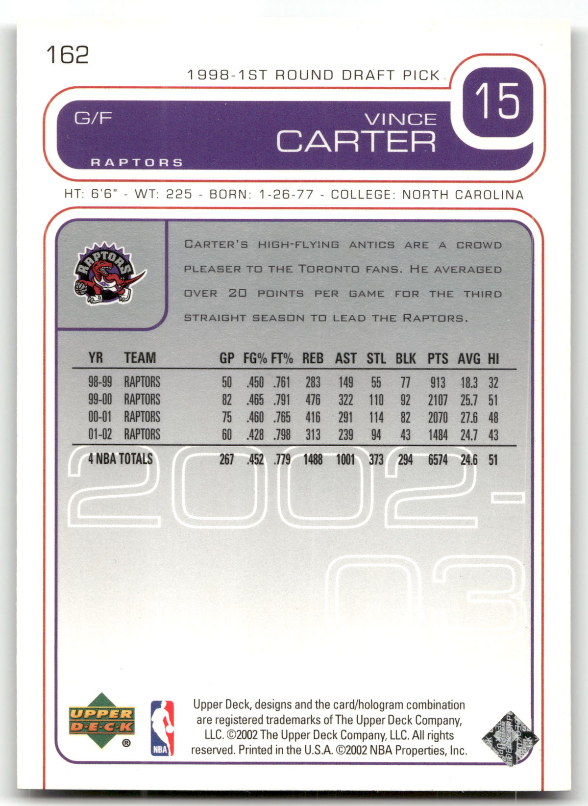 Basketball NBA Vince Carter - 2002-03 Upper Deck - Toronto Raptors #162 Trading Card Original