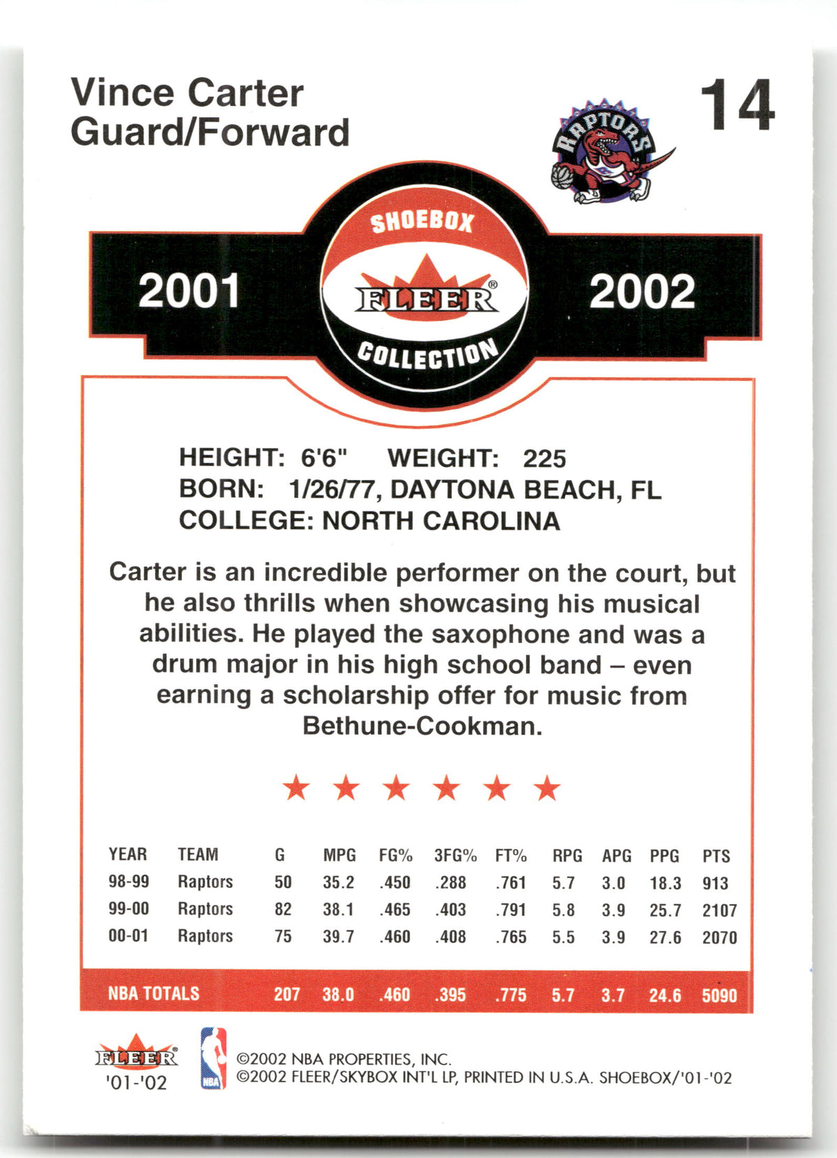 Basketball NBA Vince Carter - 2001-02 Fleer Shoebox Collection - Toronto Raptors #14 Trading Card Original