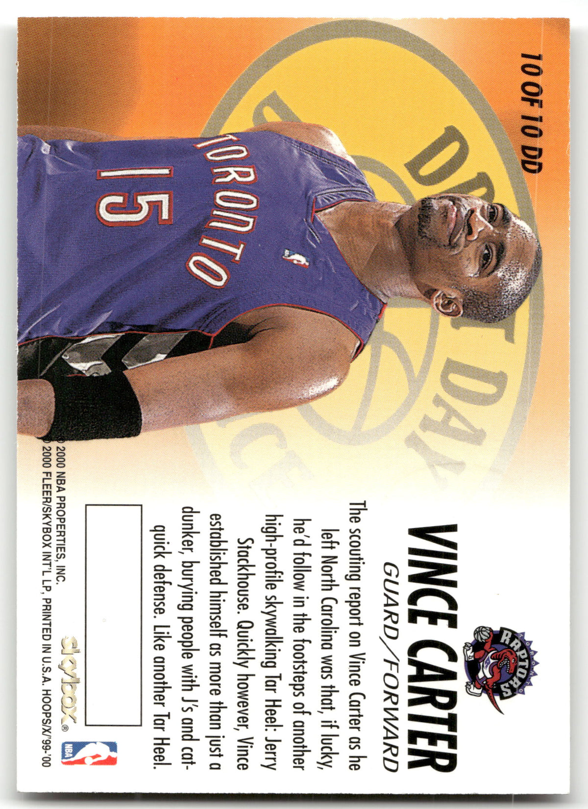 Basketball NBA Vince Carter - 1999-00 NBA Hoops Skybox Draft Day Dominance - Toronto Raptors #10 OF 10 DD Trading Card Original