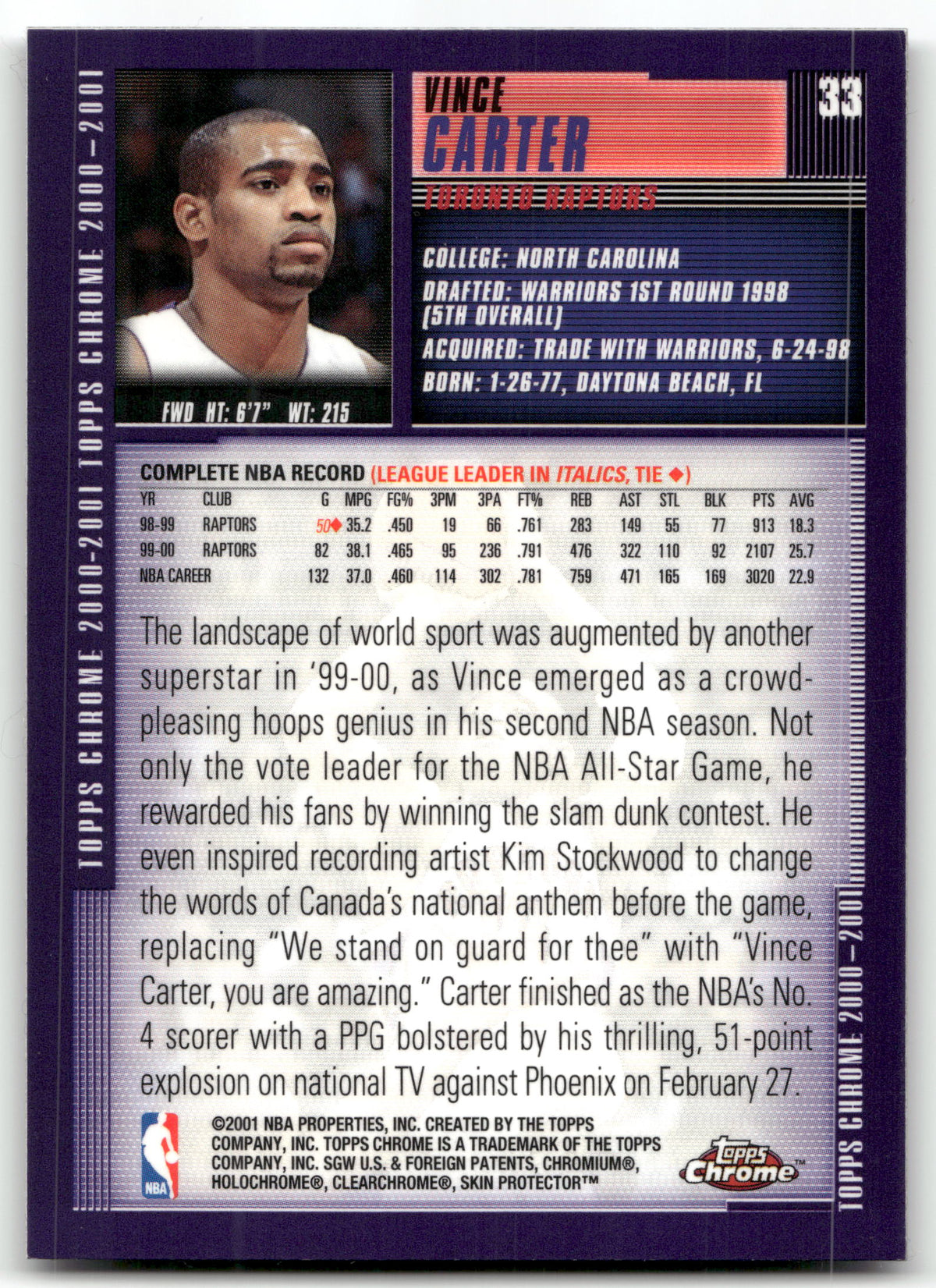 Basketball NBA Vince Carter - 2000-01 Topps Chrome - Toronto Raptors #33 Trading Card Original