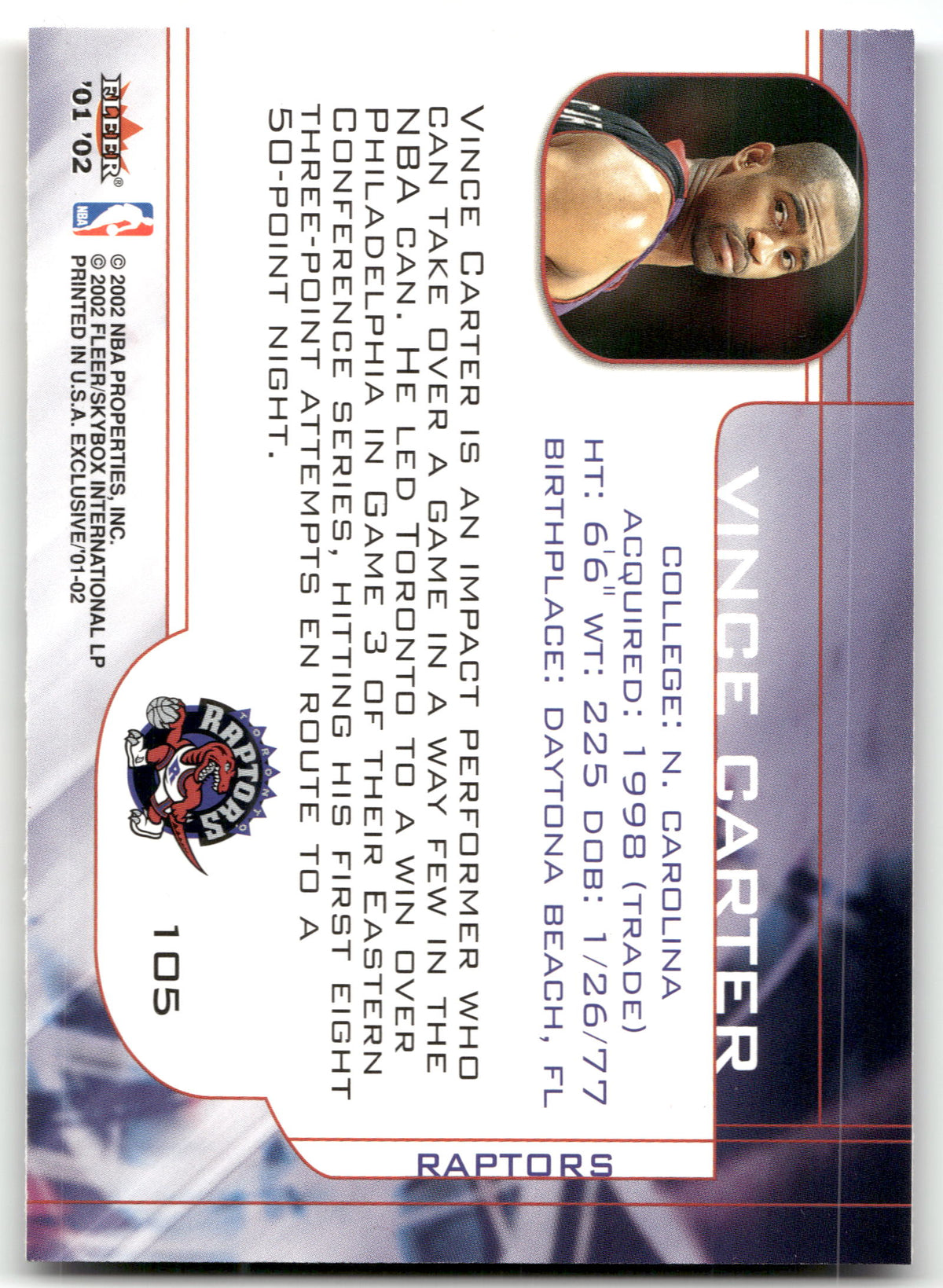 Basketball NBA Vince Carter - 2001-02 Fleer Exclusive - Toronto Raptors #105 Trading Card Original