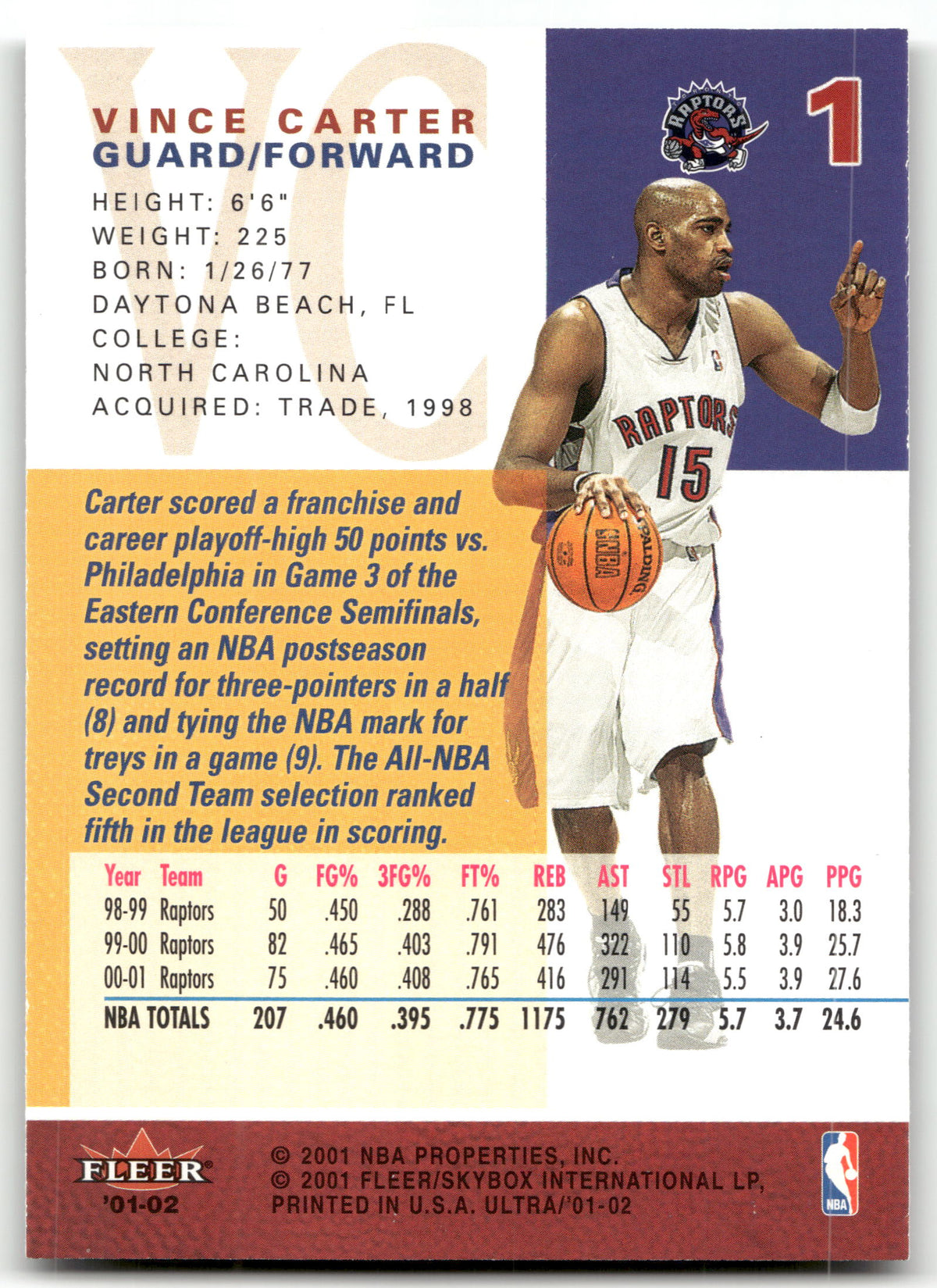 Basketball NBA Vince Carter - 2001-02 Fleer Ultra - Toronto Raptors #1 Trading Card Original