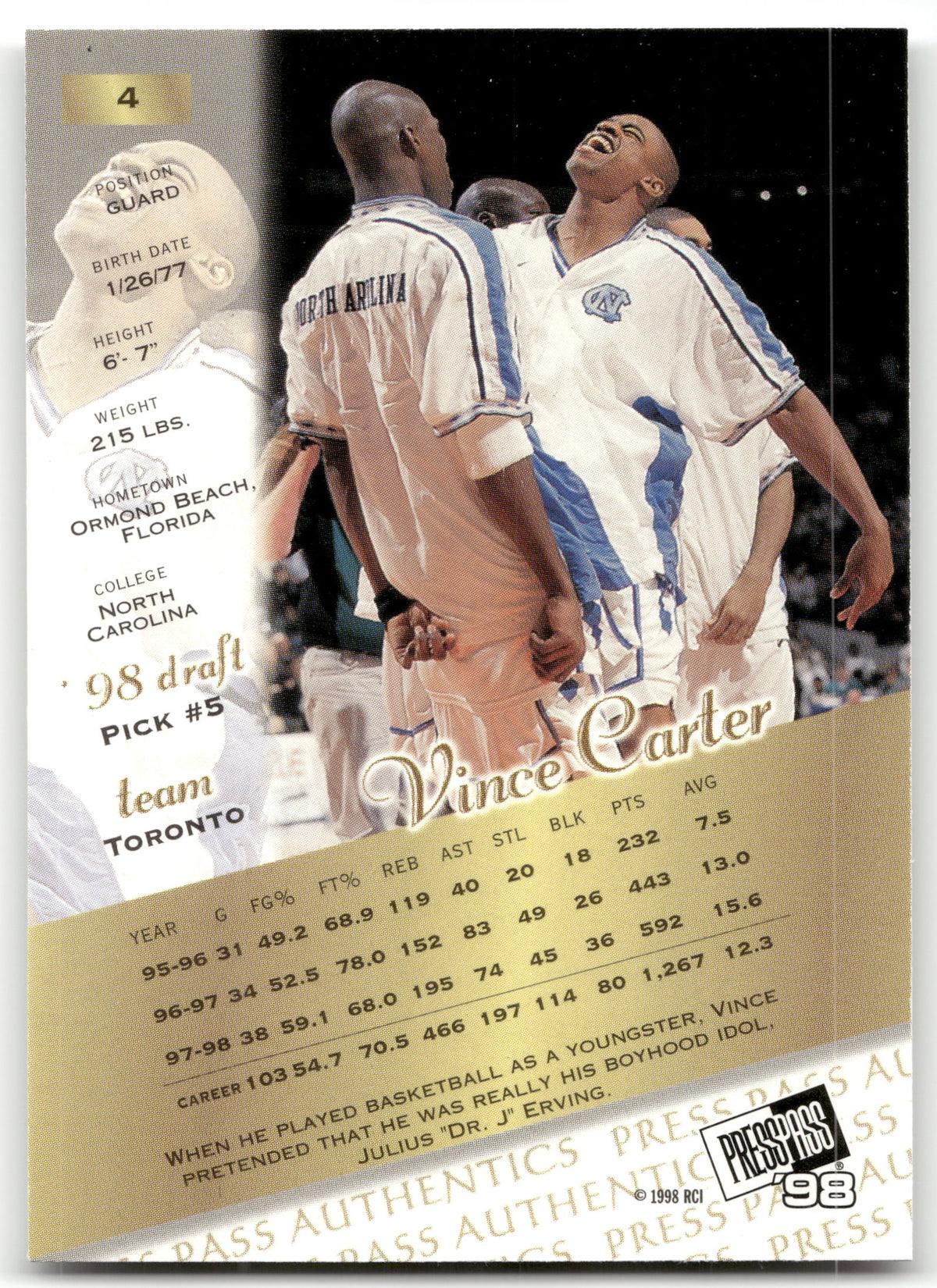 Basketball NBA Vince Carter - 1998 Press Pass Authentics Basketball - Toronto #4 Trading Card Original