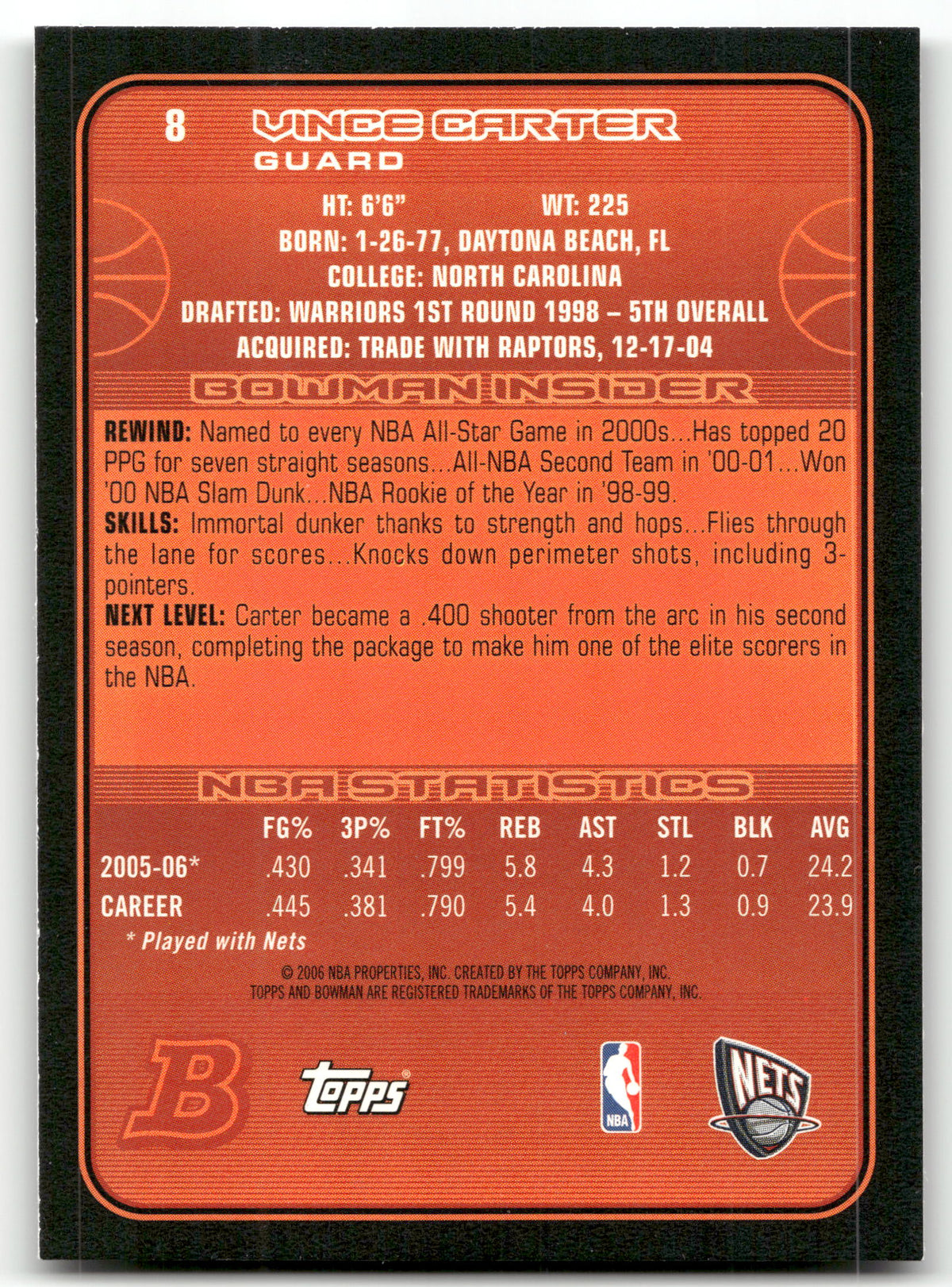 Basketball NBA Vince Carter - 2006-07 Bowman Basketball - New Jersey Nets #8 Trading Card Original