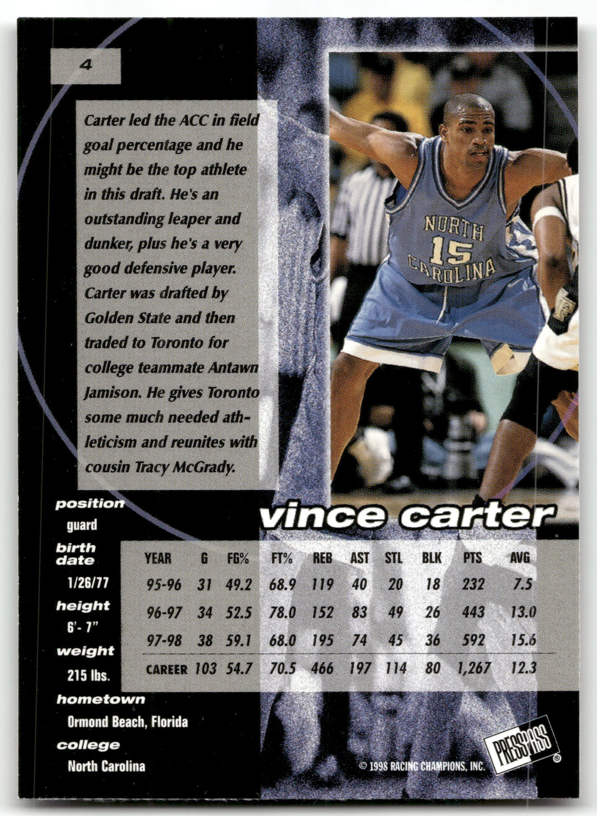 Basketball NBA Vince Carter Rookie - 1998 Press Pass Double Threat - Toronto Raptors #4 Trading Card Original
