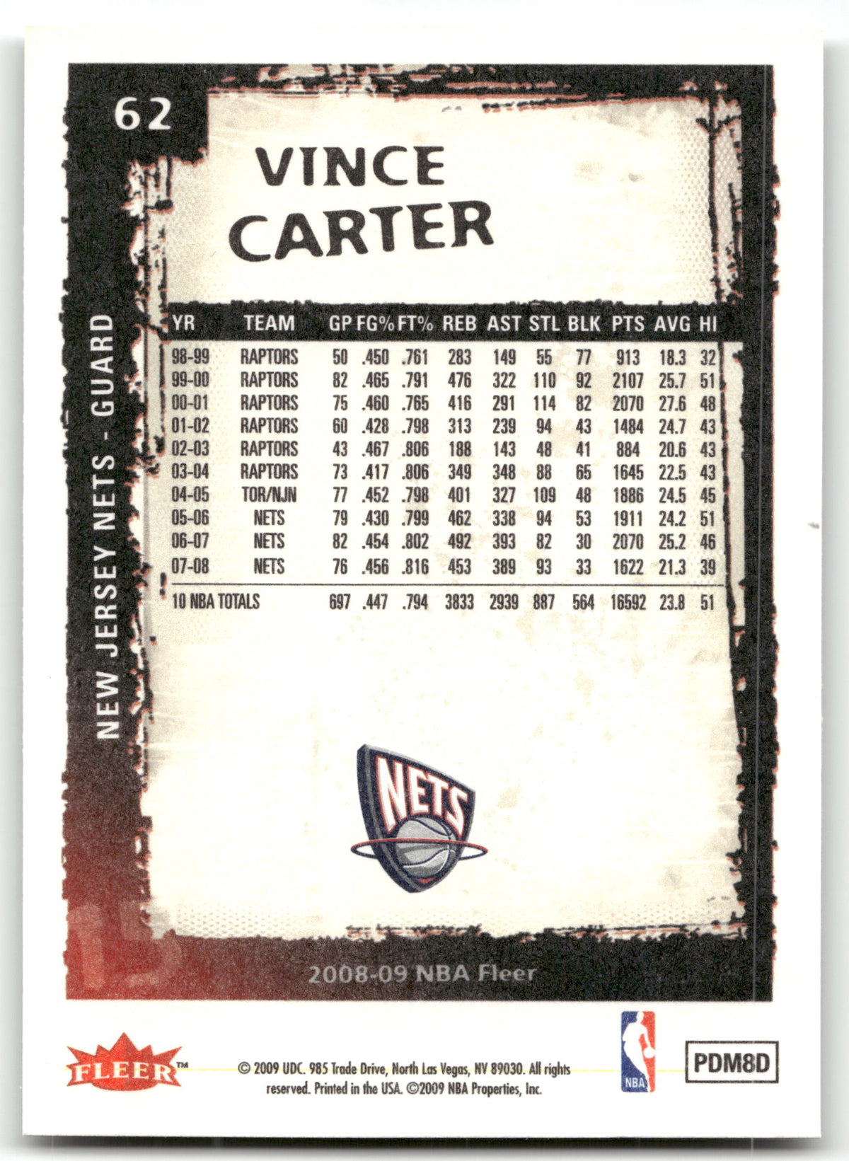 Basketball NBA Vince Carter - 2008-09 NBA Fleer - New Jersey Nets #62 Trading Card Original