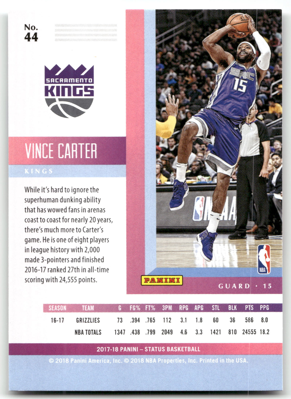Basketball NBA Vince Carter - 2017-18 Panini Status Basketball - Sacramento Kings #44 Trading Card Original