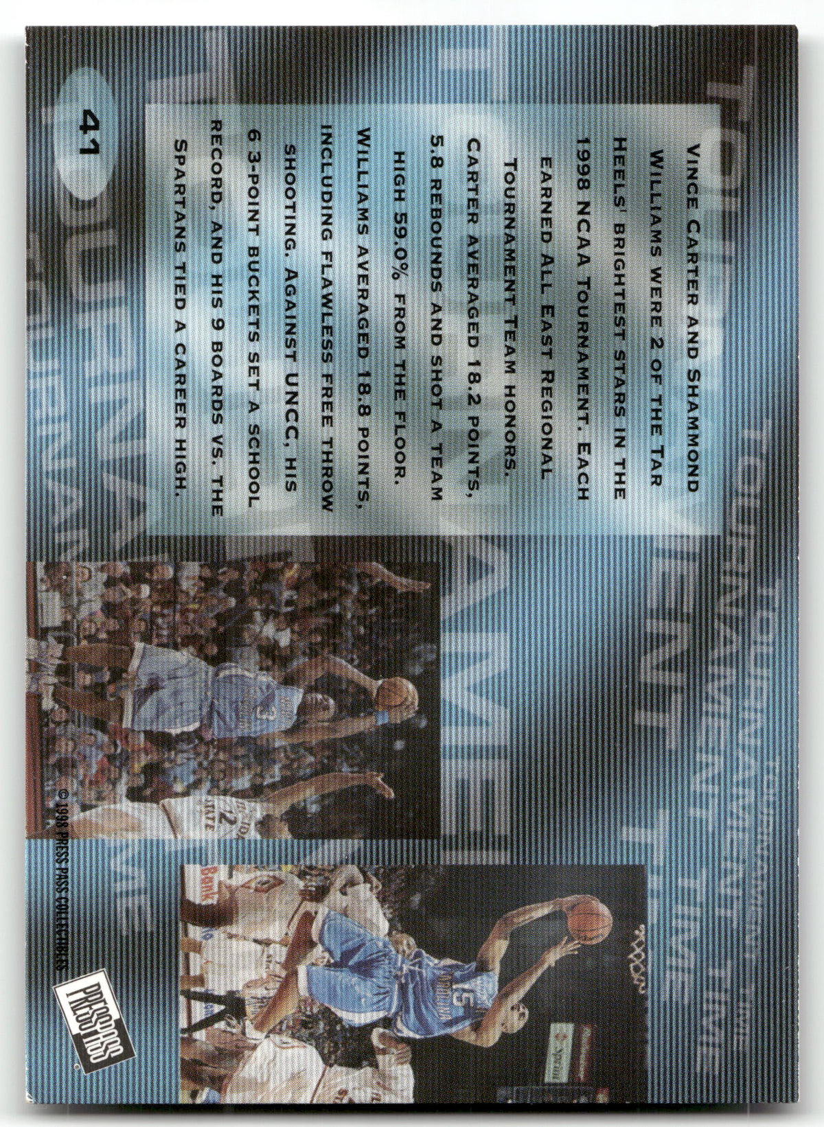 Basketball NBA Vince Carter - 1998 Press Pass '98 - North Carolina Tar Heels #41 Trading Card Original