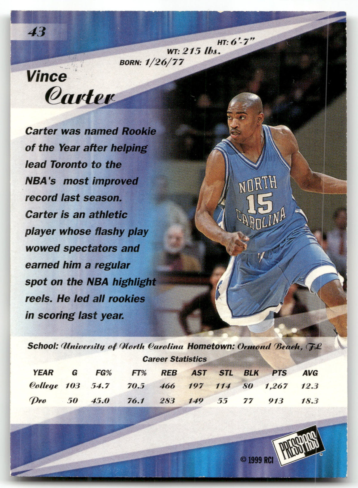 Basketball NBA Vince Carter - 1999 Press Pass - Toronto #43 Trading Card Original