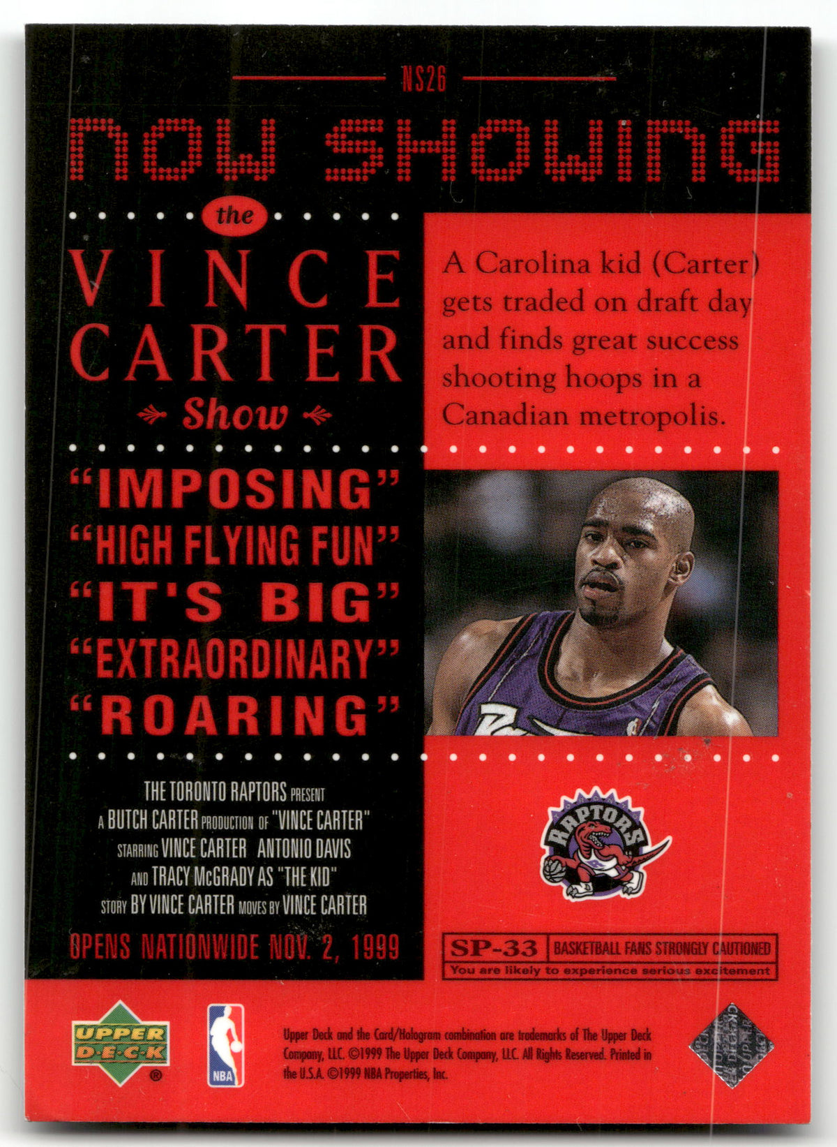 Basketball NBA Vince Carter - 1999-00 Upper Deck Now Showing - Toronto Raptors #NS26 Trading Card Original