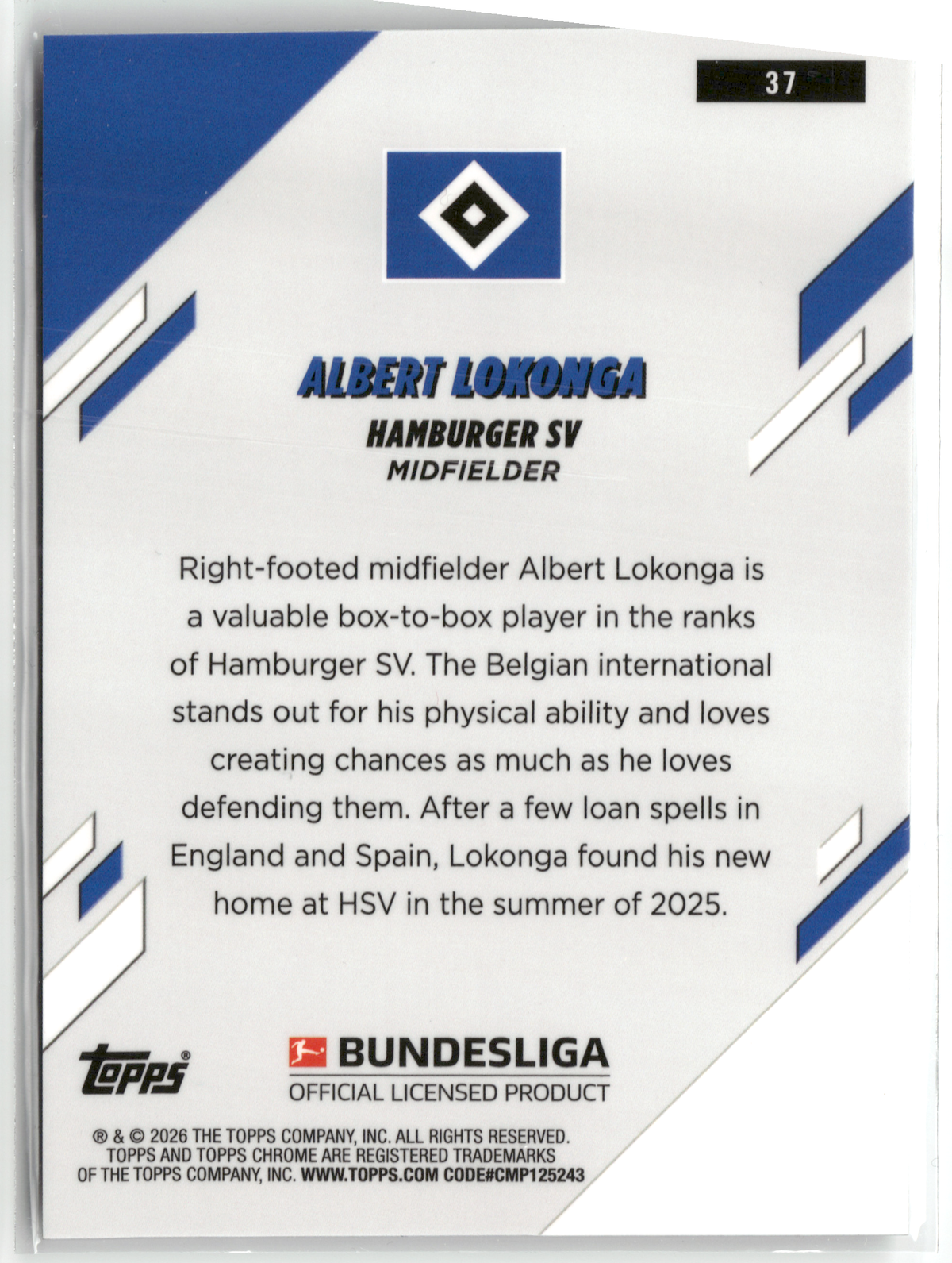 Fußball Albert Lokonga - 2025-26 Topps Chrome Bundesliga - True White /30 - Hamburger SV #37 Trading Card Original