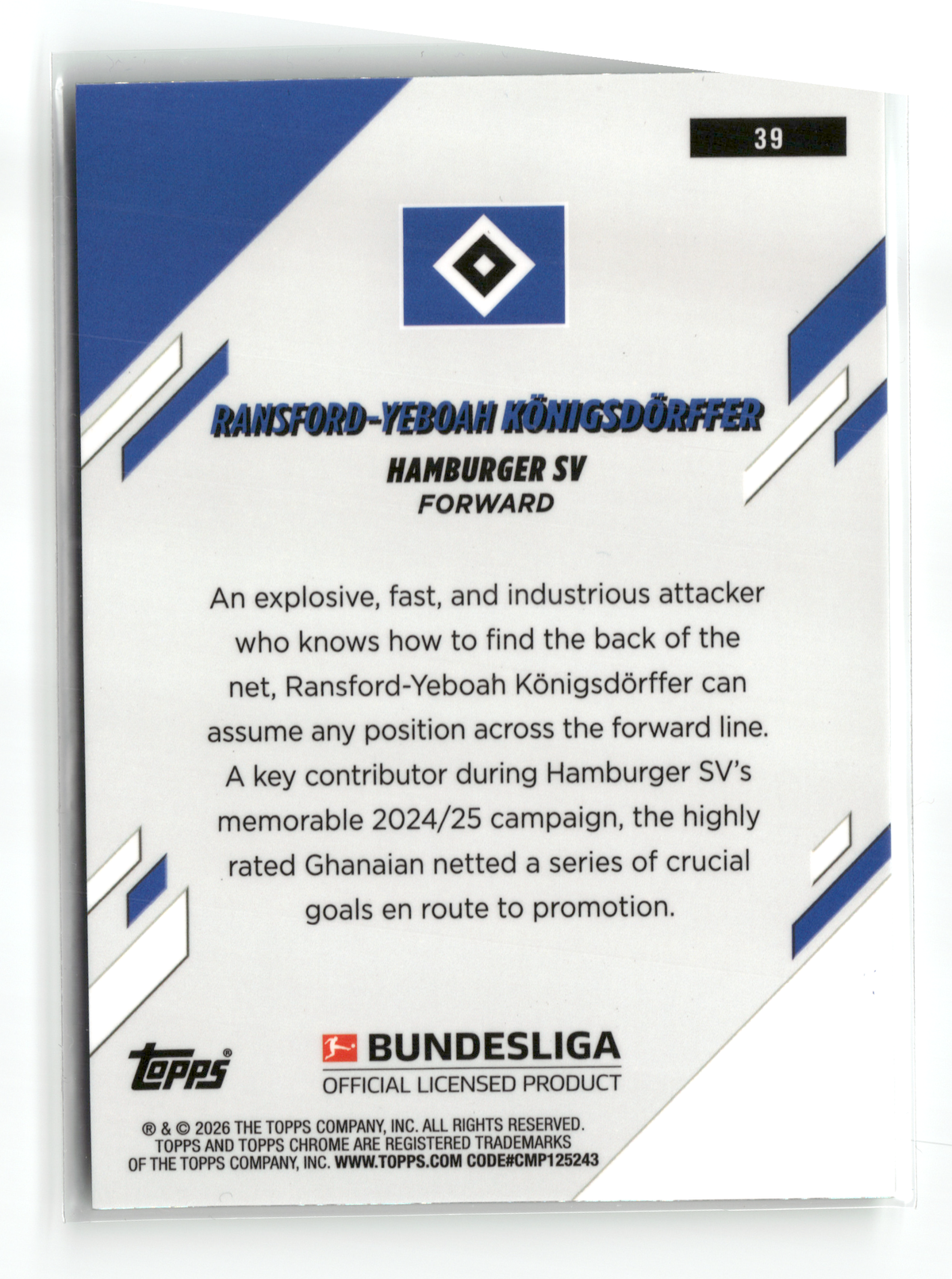 Fußball Ransford-Yeboah Königsdörffer - 2025-26 Topps Chrome Bundesliga - Green Mini Diamonds /99 - Hamburger SV #39 Trading Card Original