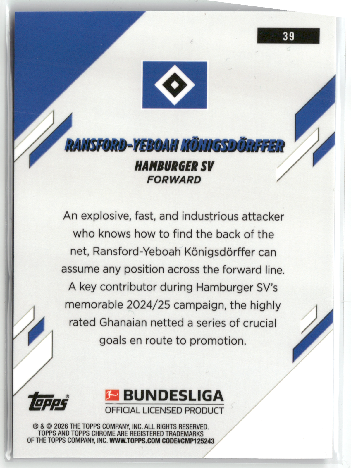 Fußball Ransford-Yeboah Königsdörffer - 2025-26 Topps Chrome Bundesliga - True Purple /75 - Hamburger SV #39 Trading Card Original